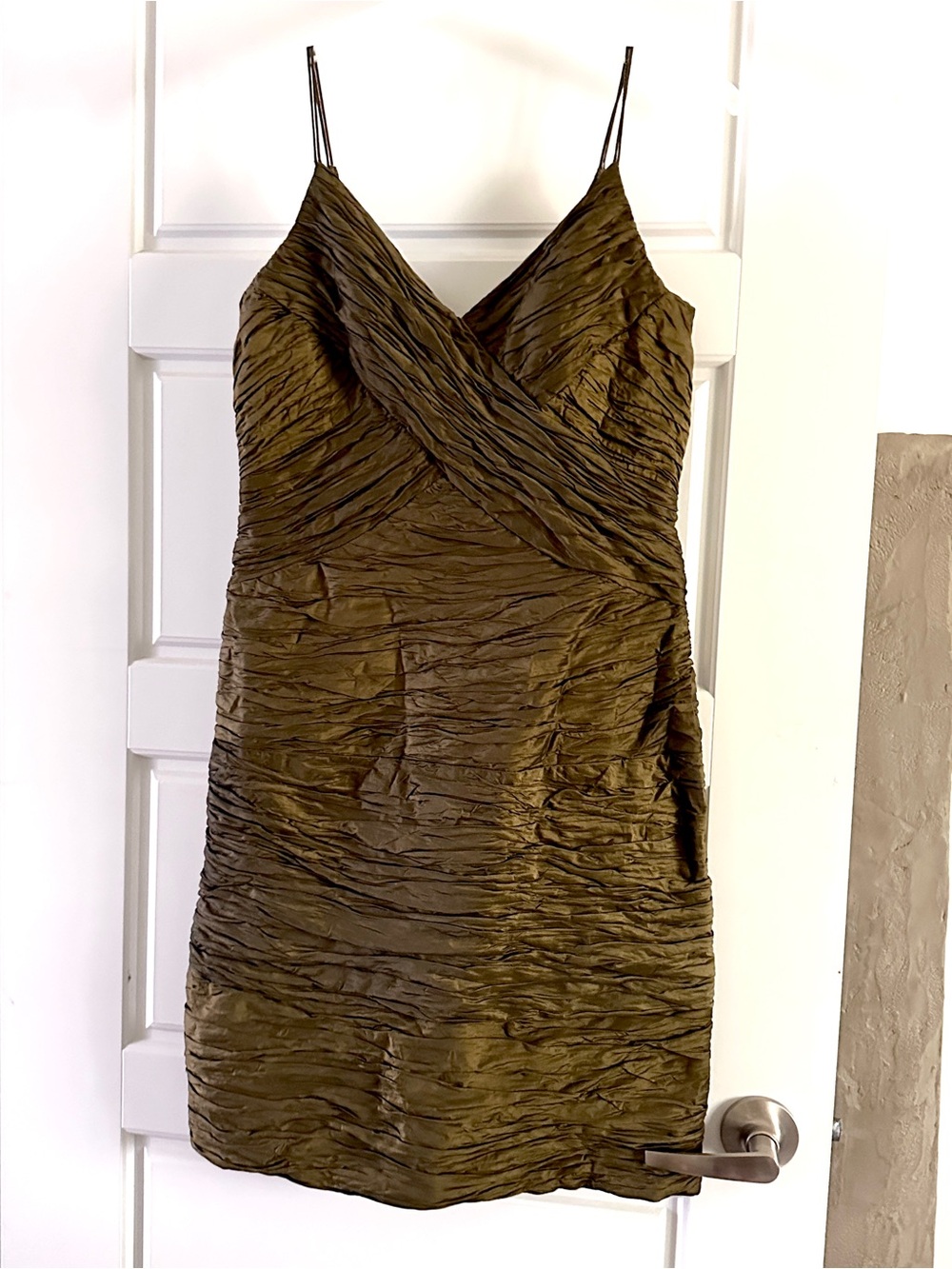 Olive Green Ruched V-Neck Spaghetti Strap Prom Bridesmaid Dress JS Collections